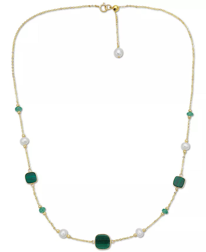 [14K, 1/2 Ct. T.W.]  Gold Freshwater Pearl (4-1/2Mm), Malachite & Emerald 17" Collar Necklace