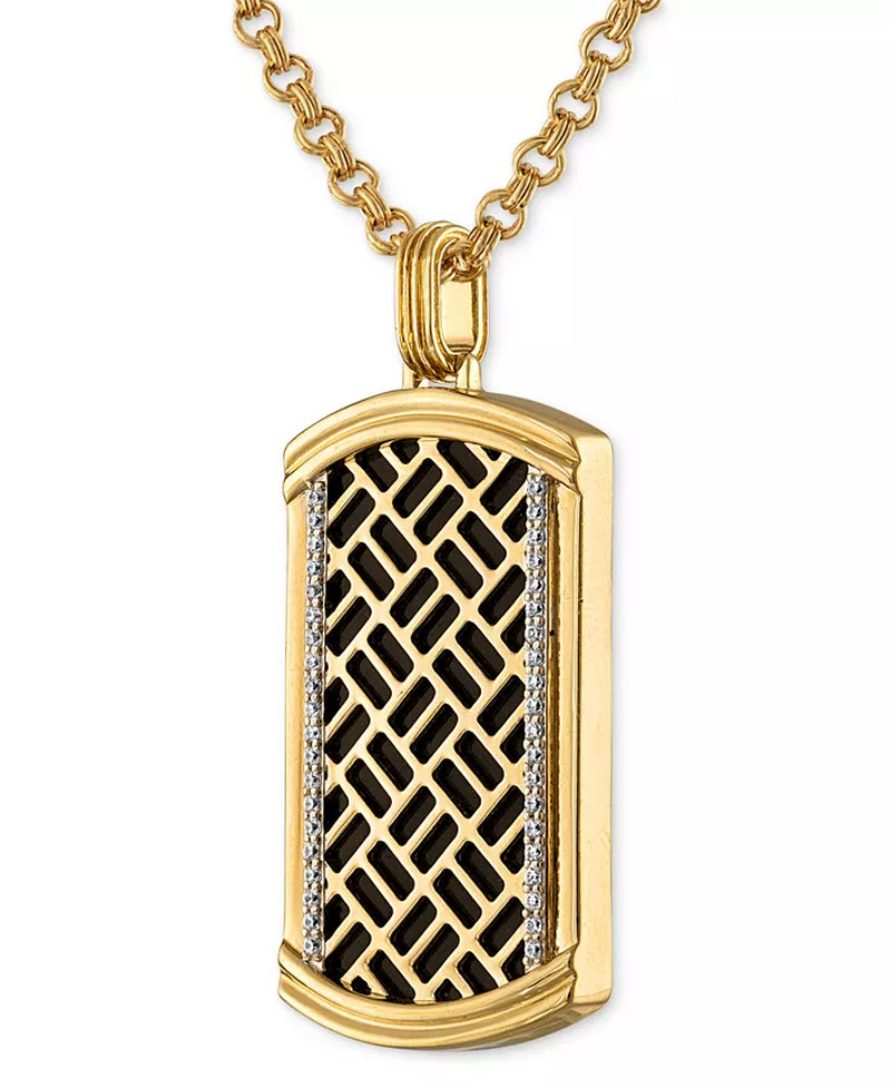 [14K, 1/4 Ct. T.W.] Gold-Plated Sterling Silver Onyx & Diamond Brick Pattern Dog Tag