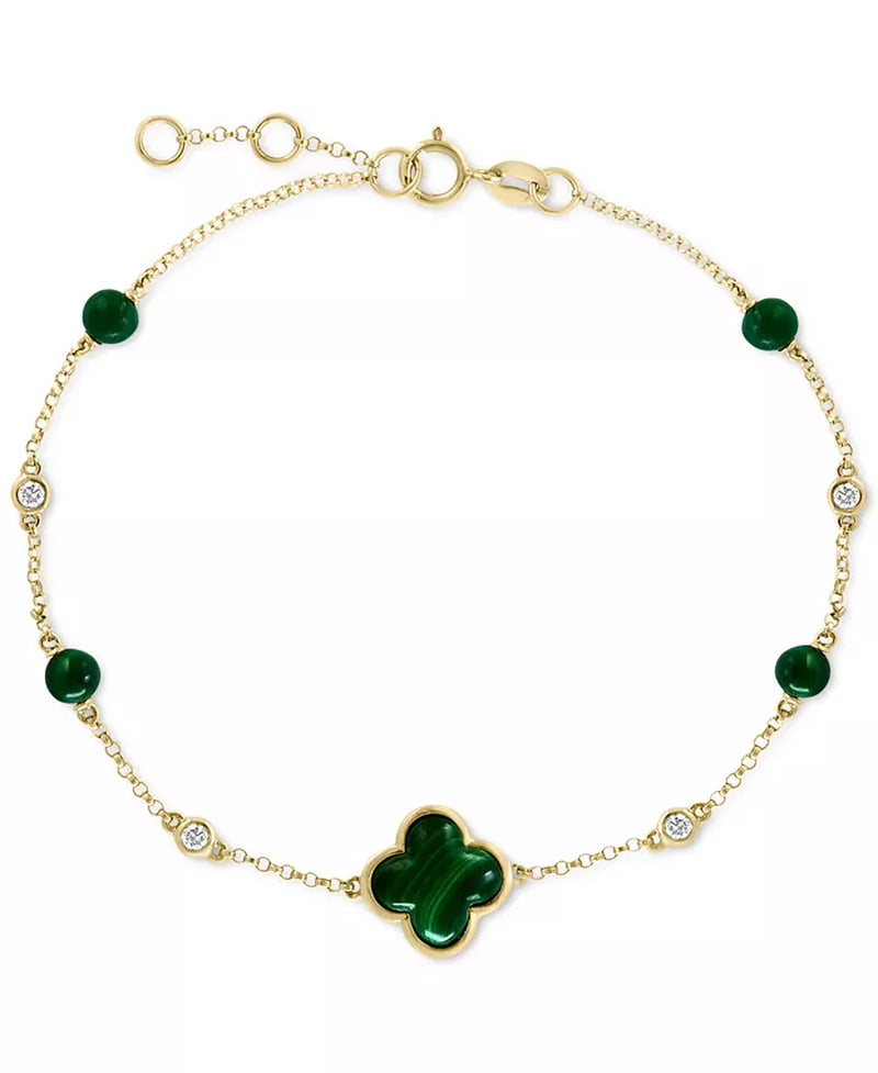 [1/20 Ct. T.W.] 14K Gold Malachite & Diamond Chain Bracelet