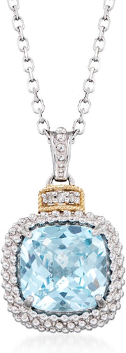 [18K, 4.50 Ct] Yellow Gold Sterling Silver Designer Blue Topaz Pendant Necklace with Diamonds 