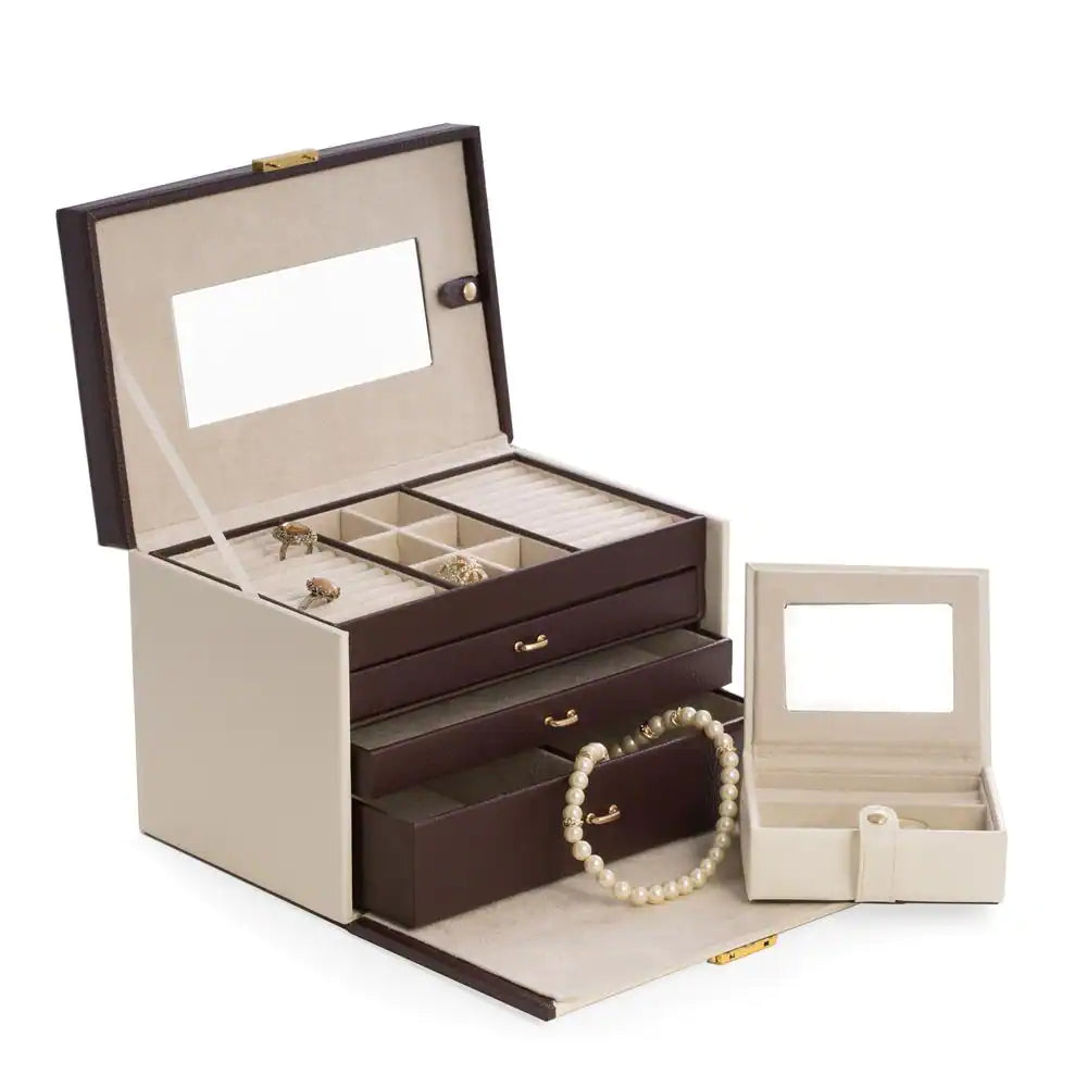 Ivory and Brown Leather 4-Level Jewelry Box