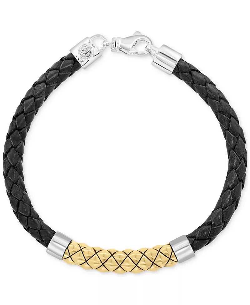 [18K] Yellow Gold over Sterling Silver Braided Leather Bracelet