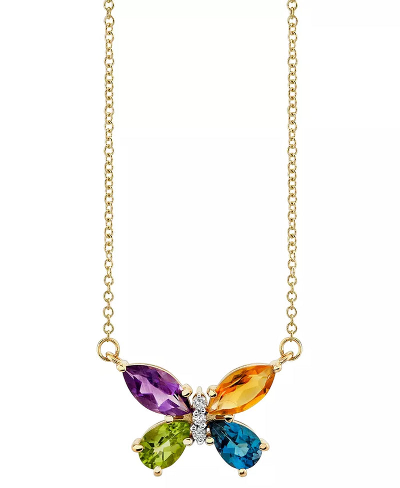 [14K, 1-7/8 Ct. T.W.] Gold Multi-Gemstone & Diamond Accent Butterfly Pendant