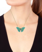 [14K, 1/10 Ct. T.W.] Gold Turquoise Sapphire & Diamond Butterfly Necklace