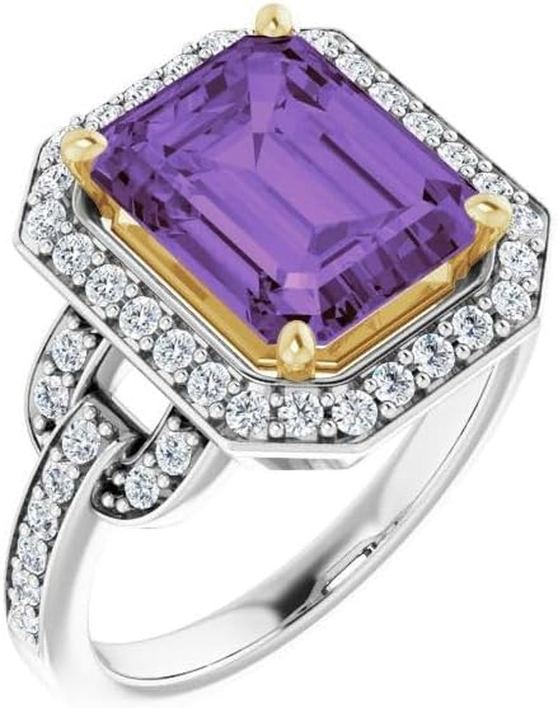 [14K, 1/2 CTW ]Yellow-White Two Tone Gold Amethyst & Diamond Ring