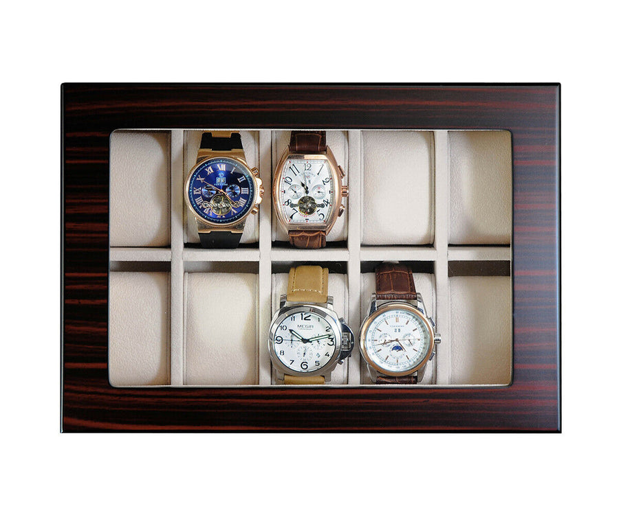 Watch & Jewelry Box with Glass Top Lid, 20 Slot Wooden Watch Holder Display Case