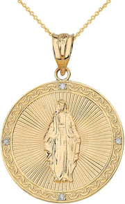 [14K] Yellow Gold Blessed Virgin Mary Miraculous Medal Diamond Necklace