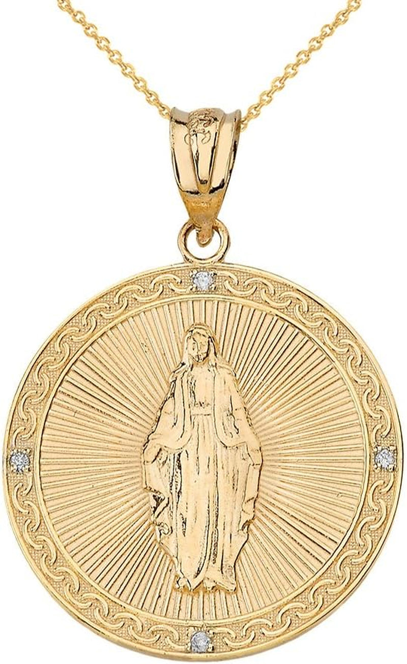 [14K] Yellow Gold Blessed Virgin Mary Miraculous Medal Diamond Necklace