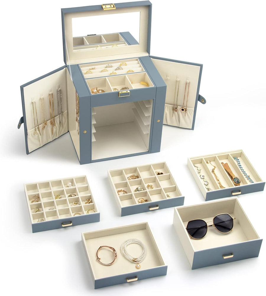 6-Layer Large Jewelry Organizer Box with Mirror & 5 Drawers