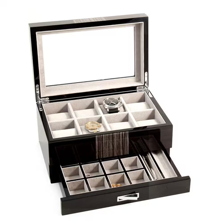 Lacquered Wenge Wood 8-Watch Box with Glass Top Drawer for Cufflinks & Pens