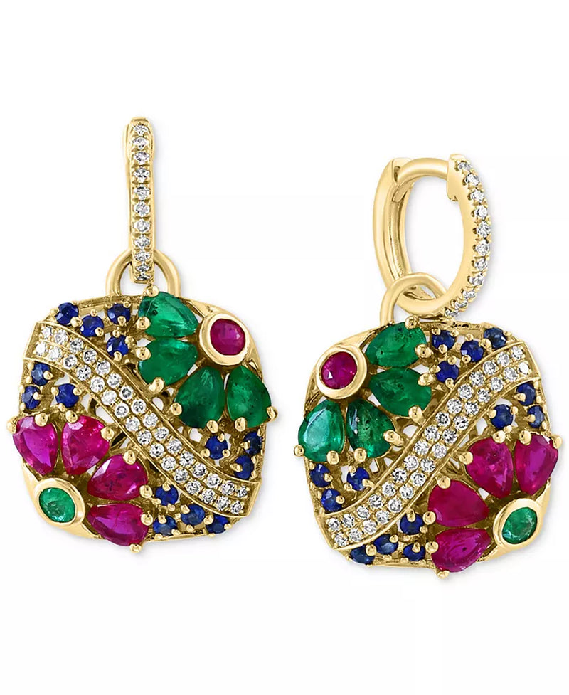 [14K] Gold Multi-Gemstone (3-3/4 Ct. T.W.) & Diamond (1/3 Ct. T.W.) Flower Drop Earrings