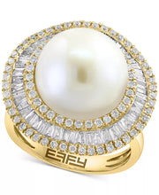[14K, 1-1/6 Ct. T.W.] Gold  Freshwater Pearl (10Mm) & Diamond Halo Ring