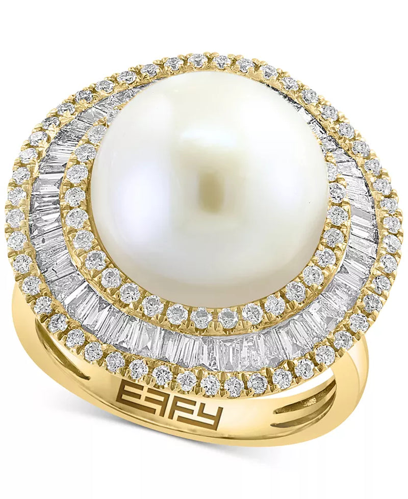 [14K, 1-1/6 Ct. T.W.] Gold  Freshwater Pearl (10Mm) & Diamond Halo Ring