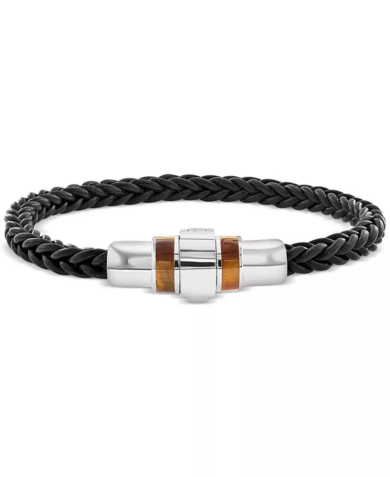 Sterling Silver Tiger's Eye Braided Leather Men's Bracelet