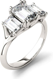 [14K, 2.91 Cttw]  White Gold with Rhodium Lab Created Moissanite Emerald Cut Engagement Ring 