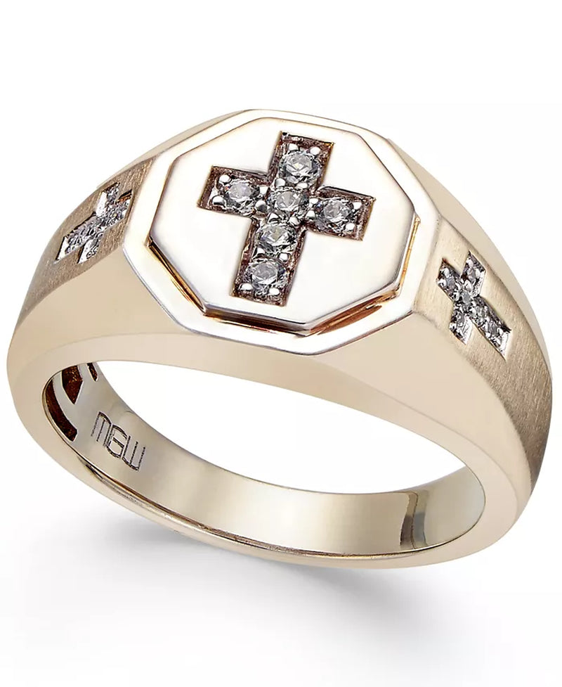 [10K, 1/5 Ct. T.W.] Gold Men's Eye Catching Diamond Crucifix Ring