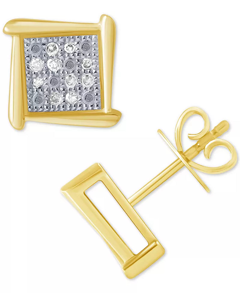 [10K] Yellow or Rose Gold White Diamond Accent Square Stud Unisex Earrings