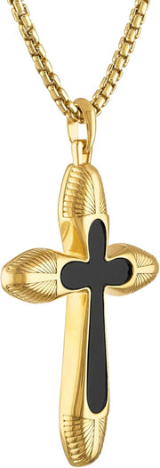 [14K] Gold-Plated Sterling Silver Cross Pendant - Black Agate Inlay & round Box Link Chain