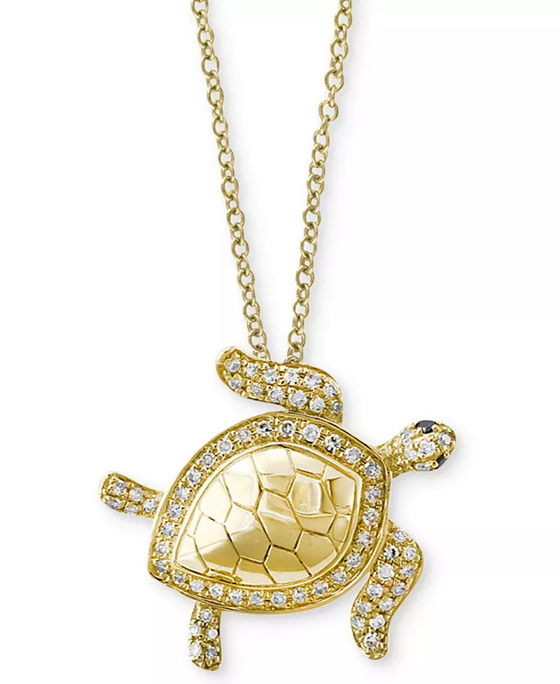 [14K, 1/4 Ct. T.W.] Gold Seaside Diamond Turtle Pendant Necklace