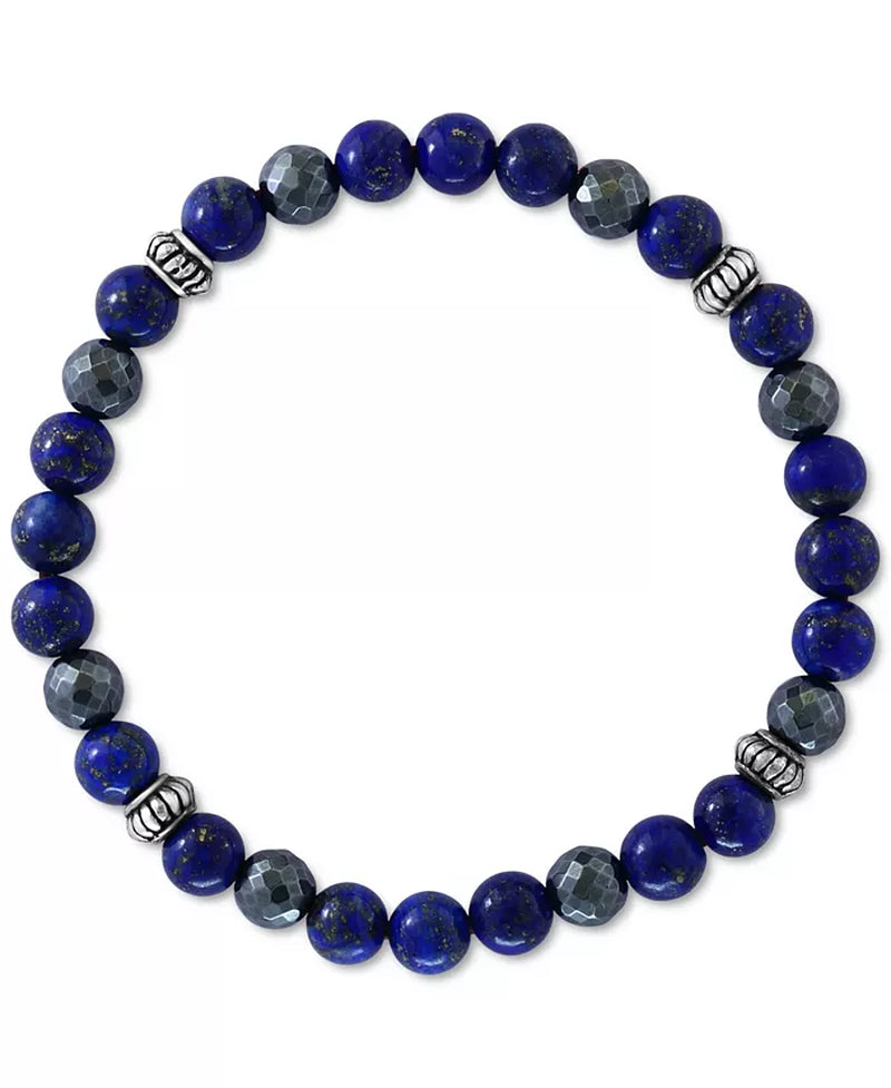 Sterling Silver Men's Lapis Lazuli & Hematite Bead Stretch Bracelet