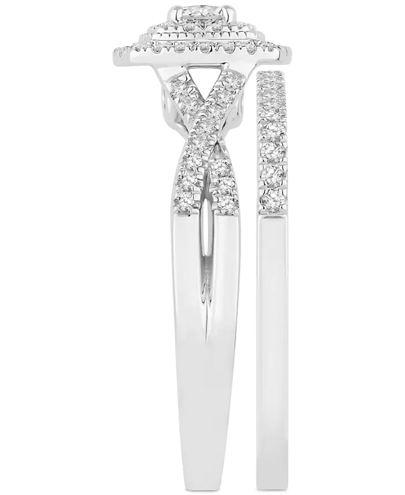 [14K, 5/8 Ct. T.W.] White Gold Diamond Cushion Halo Twist Bridal Set