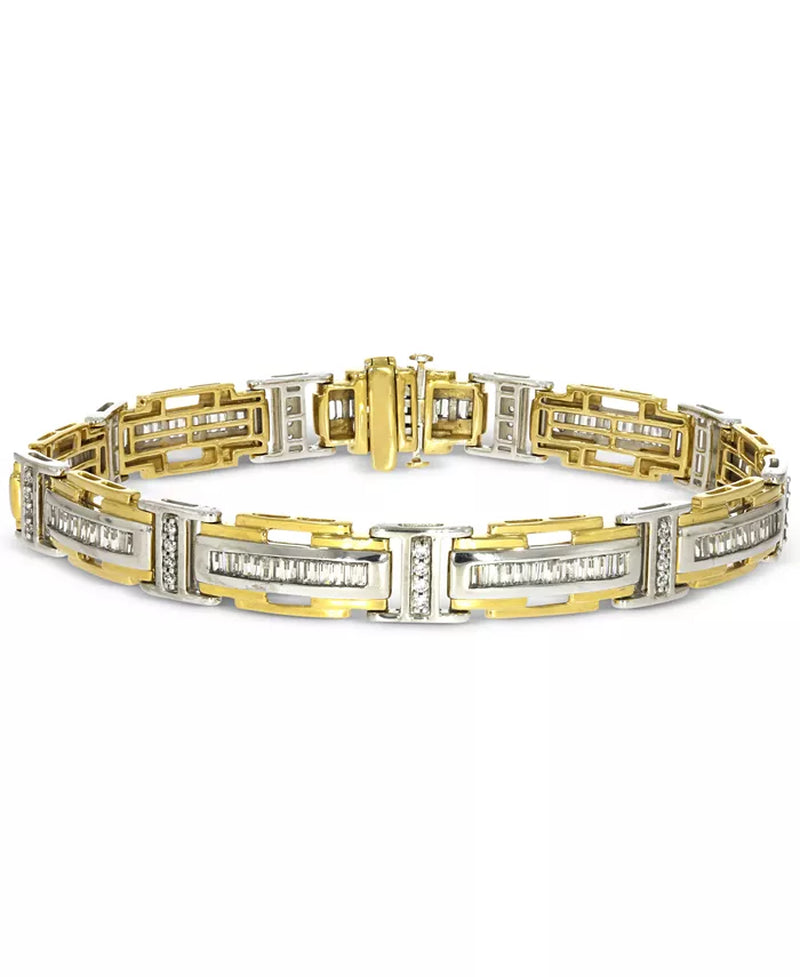 [10K, 2-1/2 Ct. T.W.] Two-Tone Gold Mens Diamond Baguette & Round Link Bracelet