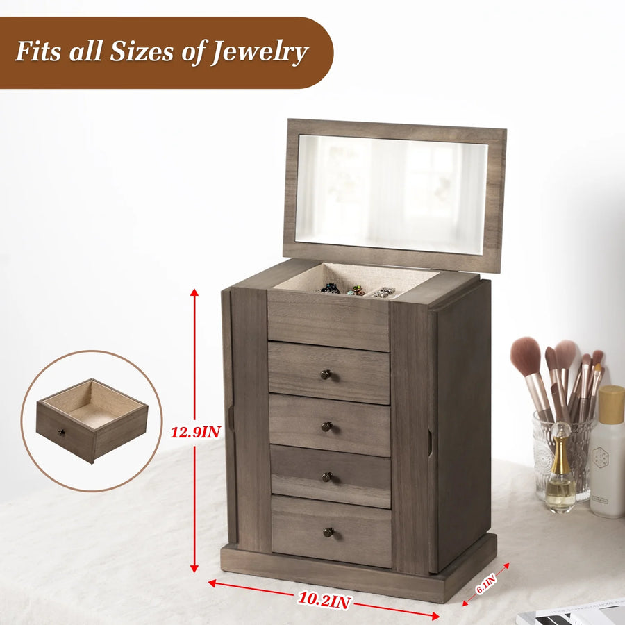 Jewelry Box for Women, 5 Layer Large Wood Jewelry Boxes & Organizers for Necklaces Earrings Rings Bracelets, Rustic Jewelry Organizer Box with Drawers and Mirror-Weathered Gray