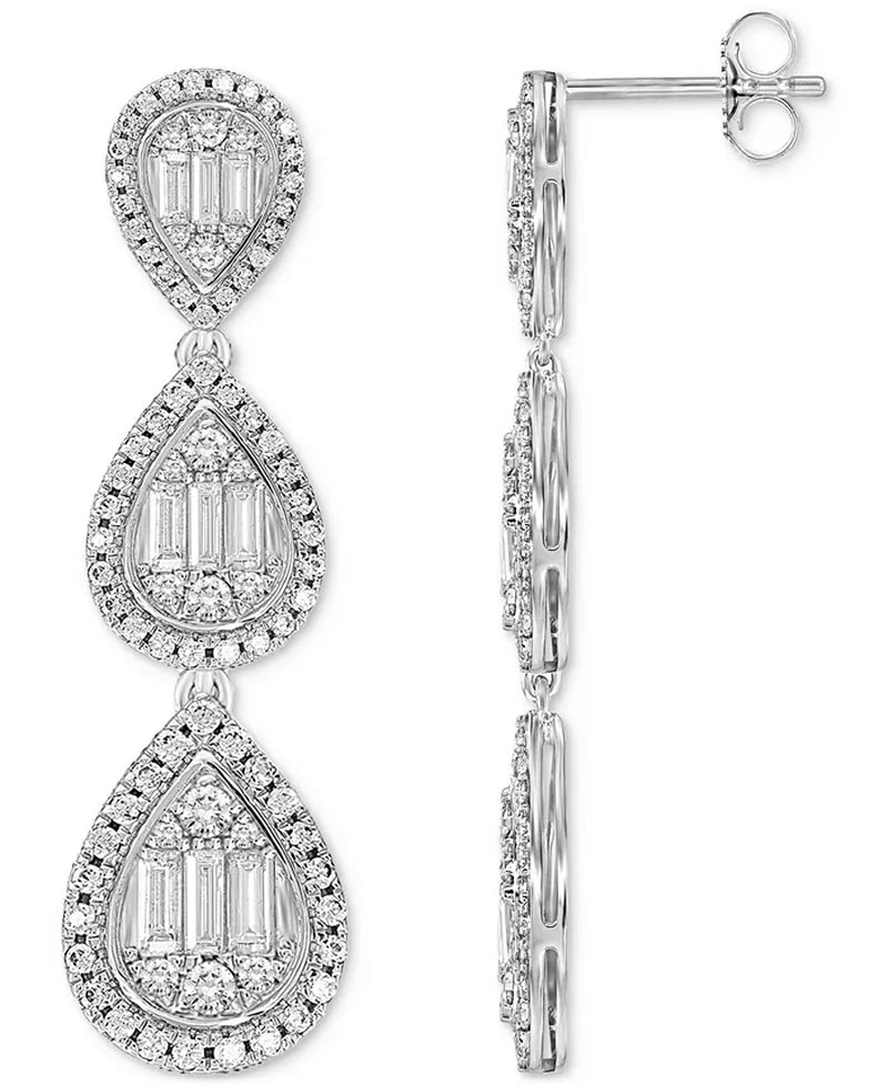 [14K, 1-1/2 Ct. T.W.] White Gold Diamond Baguette & Round Triple Teardrop Cluster Drop Earrings