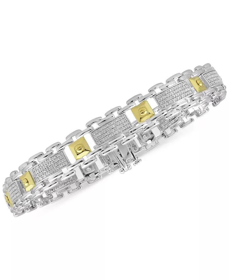 [18K, 1/2 Ct. T.W] Gold-Plated Sterling Silver Mens Diamond Two-Tone Bracelet