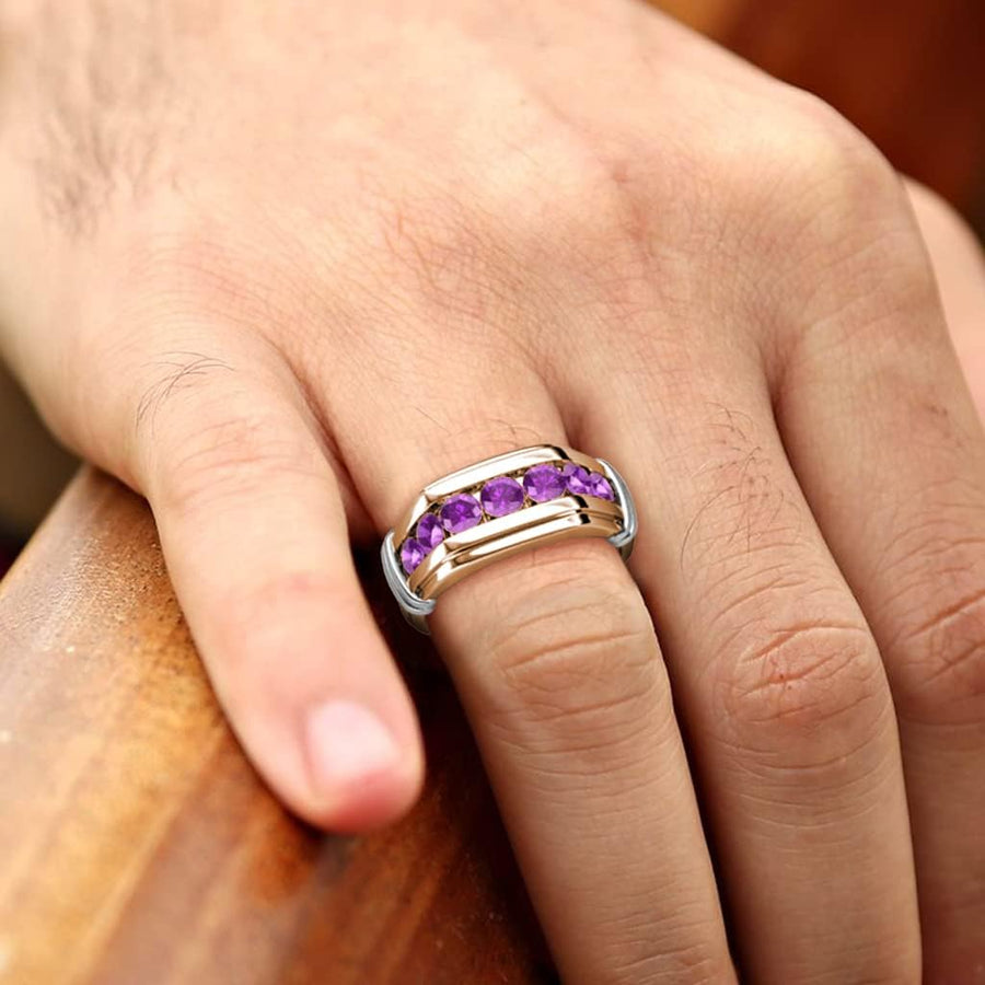 [14K, 1 Ctw] Rose Gold Rround Amethyst  7 Stone Channel Wedding Ring