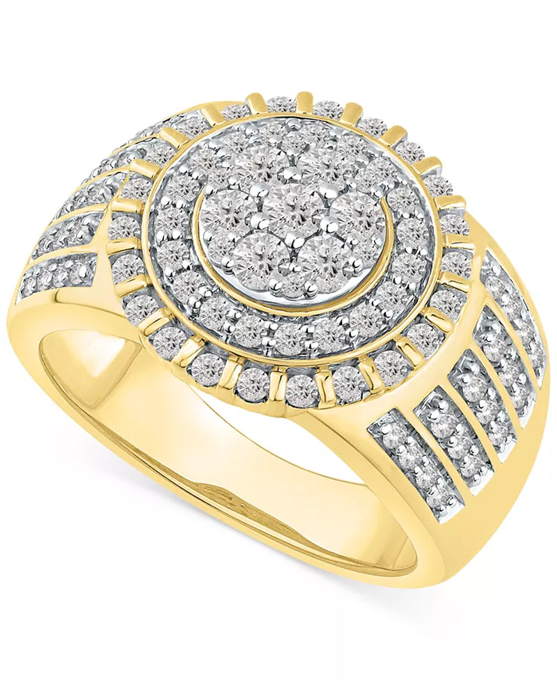 [10K, 1-1/2 Ct. T.W.] Gold Men's Diamond Halo Cluster Ring