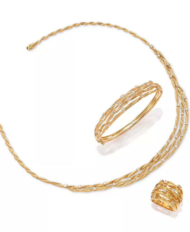 [14K] Yellow Gold D'Oro Diamond Textured Bangle 