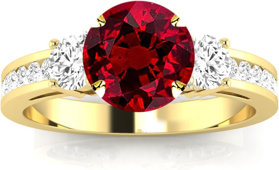 [14K, 0.5 Ct] Yellow Gold Three Stone Diamond Engagement Ring with Ruby Center