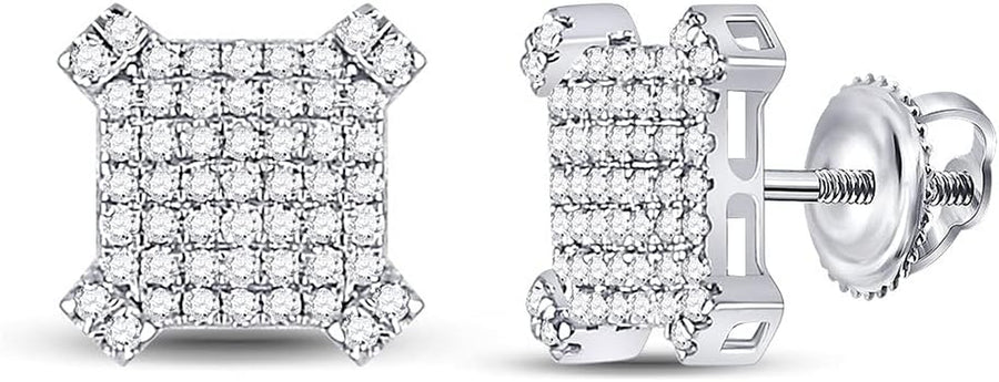 [14K, 1/3 Cttw] White Gold Mens Round Diamonds & Squared Cluster Stud Earrings 