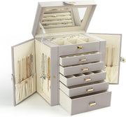 6-Layer Large Jewelry Organizer Box with Mirror & 5 Drawers