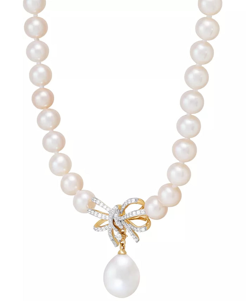 Cultured Freshwater Pearl (5 & 8-1/2Mm) & Diamond (1/5 Ct. T.W.) Ribbon 17" Collar Necklace in 10K Gold