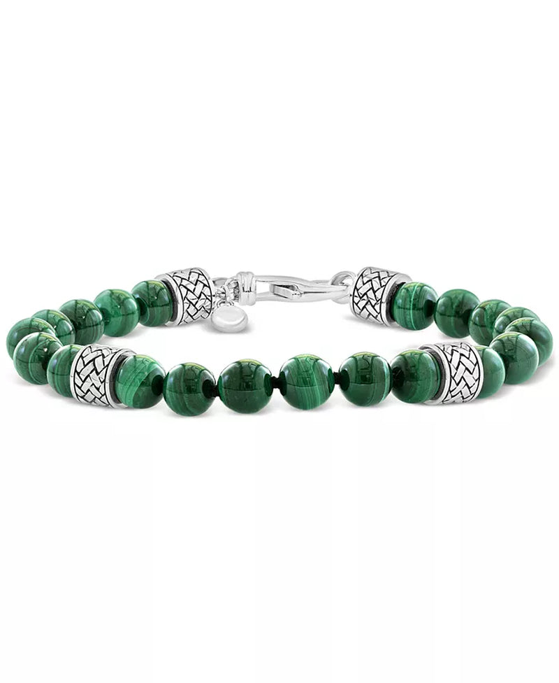 [8Mm] Sterling Silver Men's Malachite  Beaded Bracelet