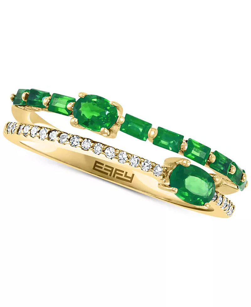 [14K] Gold Emerald (3/4 Ct. T.W.) & Diamond (1/10 Ct. T.W.) Stack Look Double Row Ring