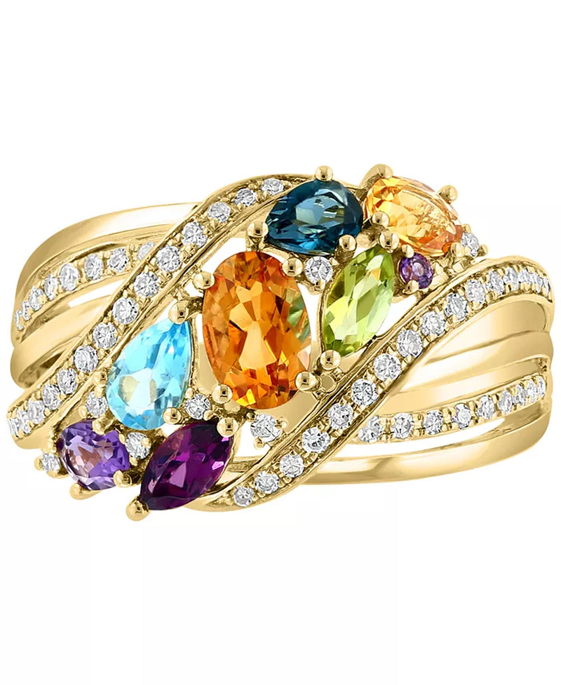 [14K] Gold  Multi-Gemstone (1-3/4 Ct.T.W.) & Diamond (1/4 Ct. T.W.) Cluster Statement Ring