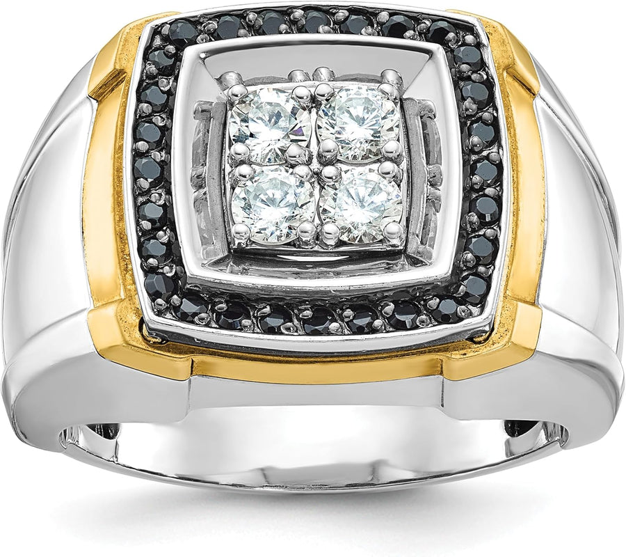 [14K, 3/4 Ct] Gold Two-Tone Polished Black and White Diamond Square Cluster Ring