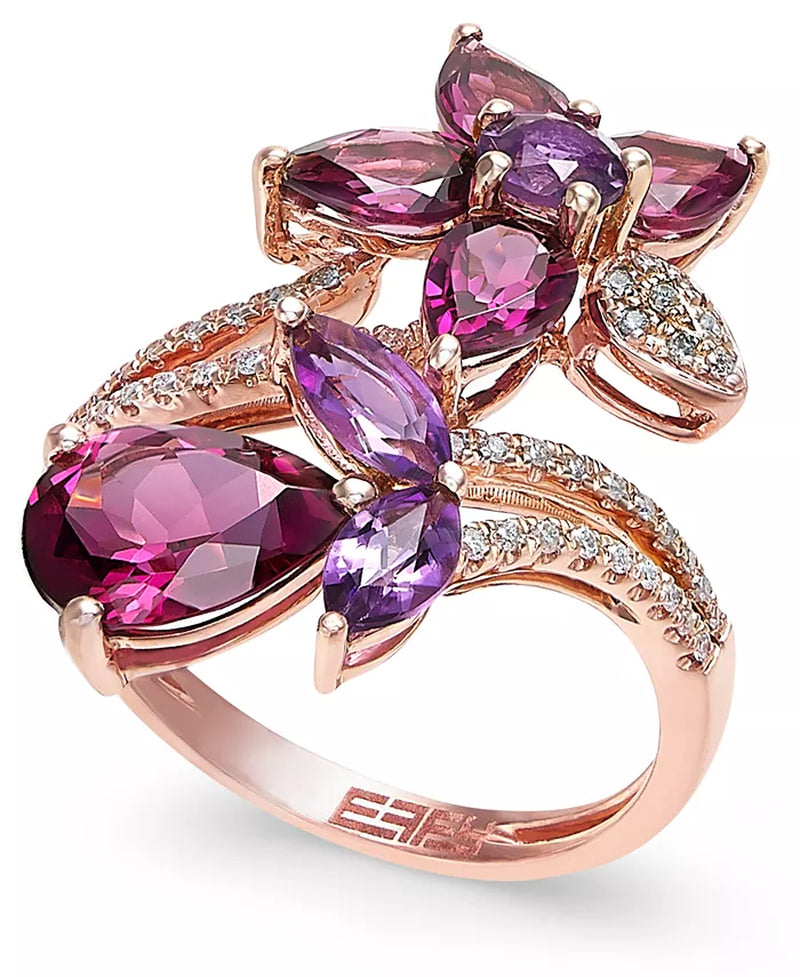 [14K] Rose Gold Bordeaux Multi-Stone (5-1/4 Ct. T.W.) & Diamond (1/5 Ct. T.W.) Flower Ring