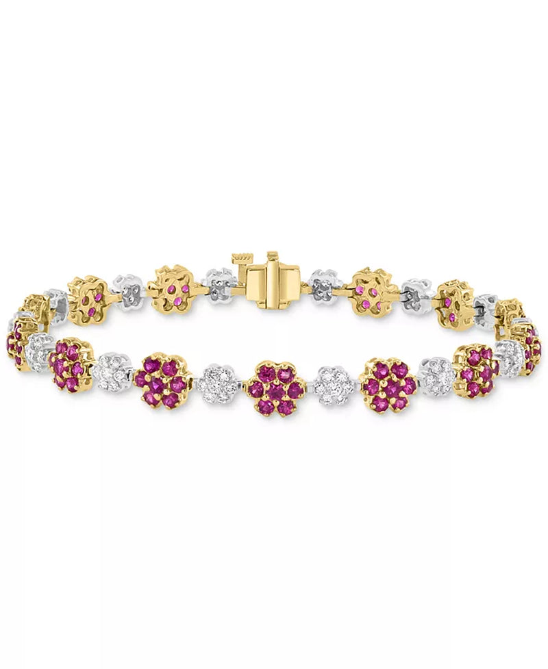 [1-1/10 Ct. T.W.] 14K Two-Tone Gold Diamond & Ruby Flower Link Bracelet