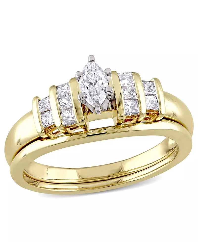 [14K, ] Yellow Gold Certified Diamond Marquise and Princess-Shape Bridal Set