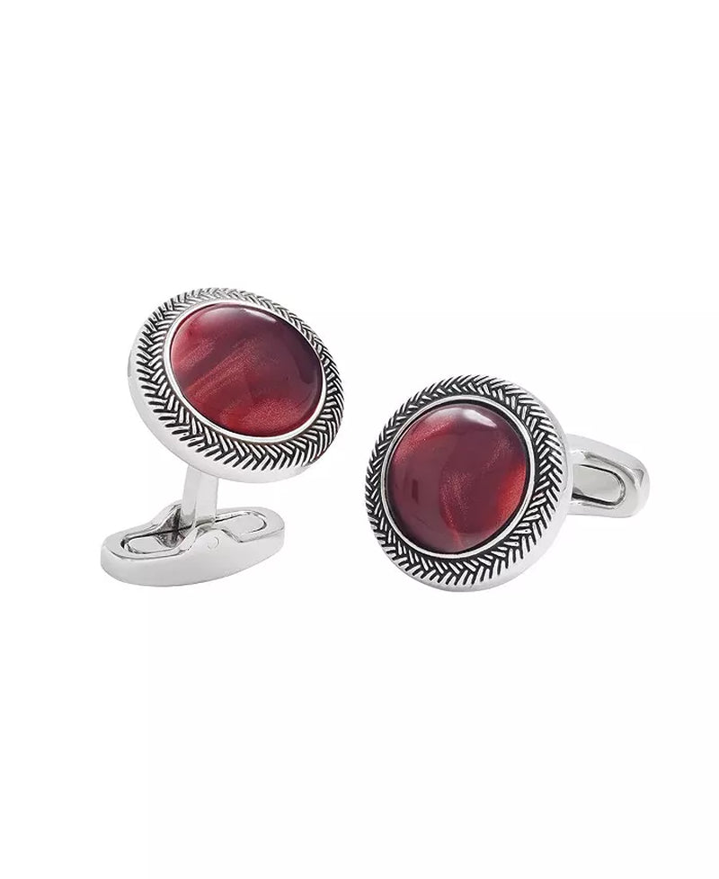 Burgundy Gemstone Cufflinks with Antique Silver Braided Border