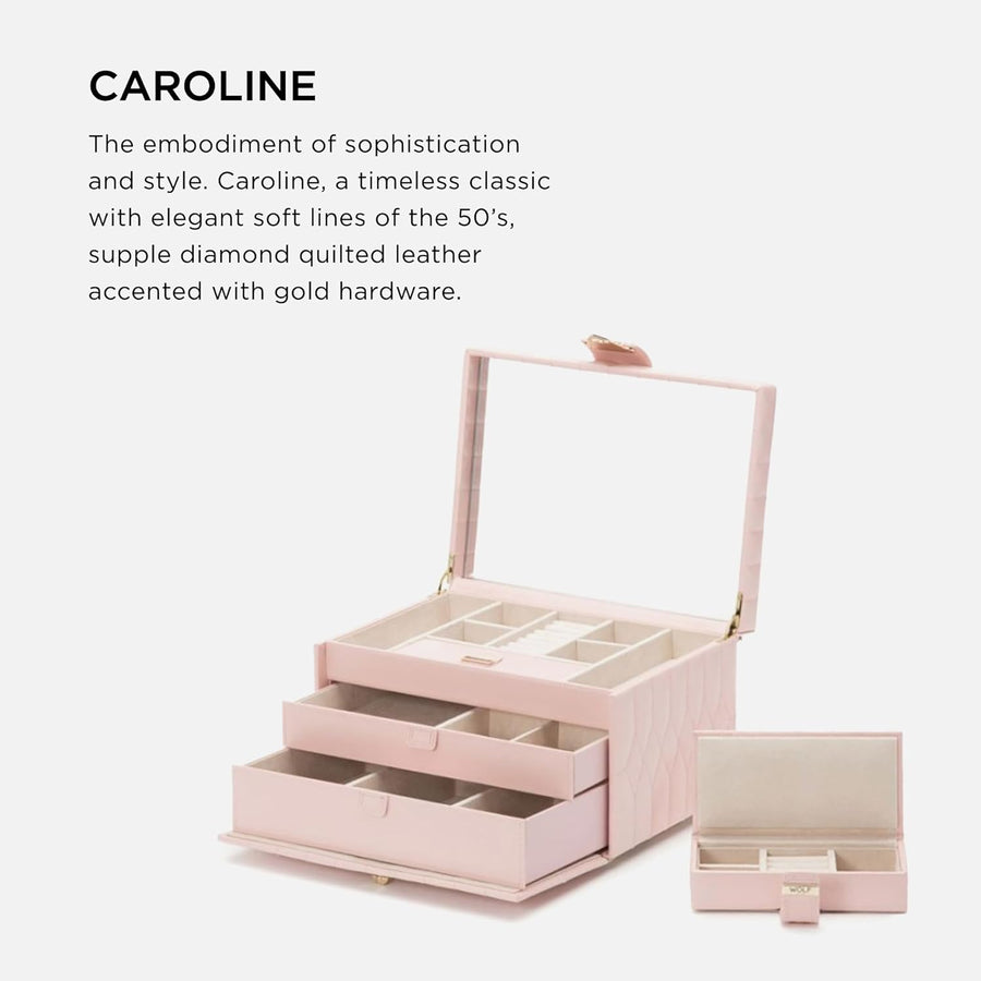 Caroline Medium Jewelry Case, Rose Quartz - 15 Compartments & Seven Ring Rolls - Anti-Tarnish Lusterloc Lining - Includes Travel Case