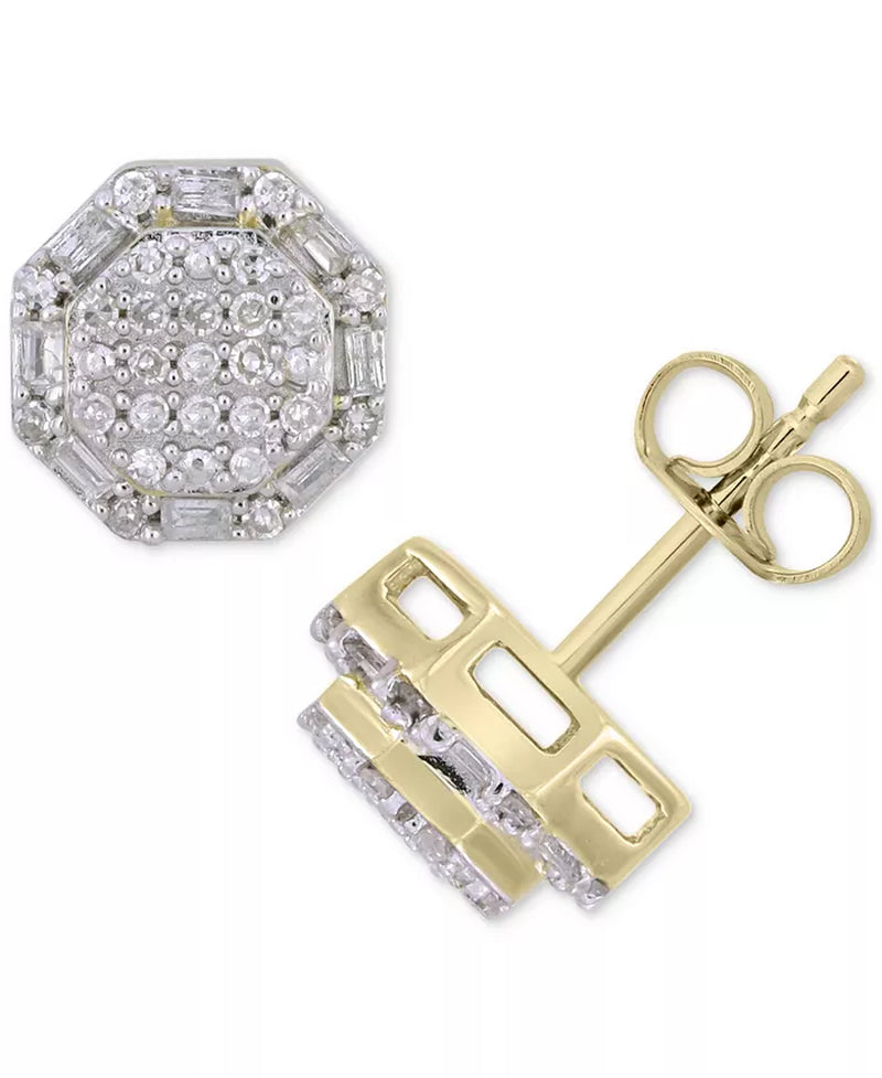 [10K, 1/4 Ct. T.W.] Gold Diamond Round & Baguette Hexagon Cluster Stud Earrings