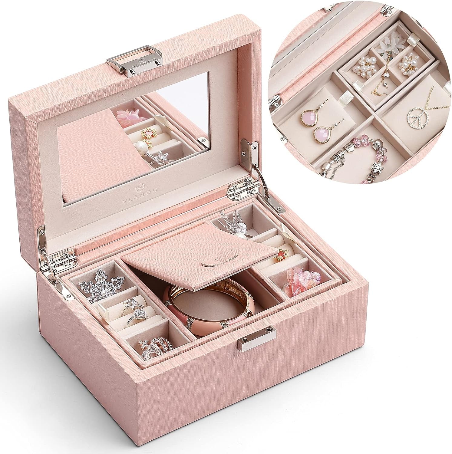 Jewelry Box for Girls Women, 2 Layer Travel Jewelry Organizer Case, PU Leather Medium Jewelry Storage with Removable Tray for Necklace Earrings Rings Bracelets, Birthday Vintage Gift, Pink