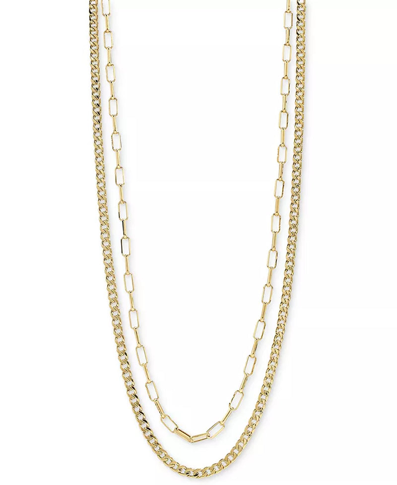 [10K] Gold Polished Paperclip & Curb Link Chain 18" Layered Necklace