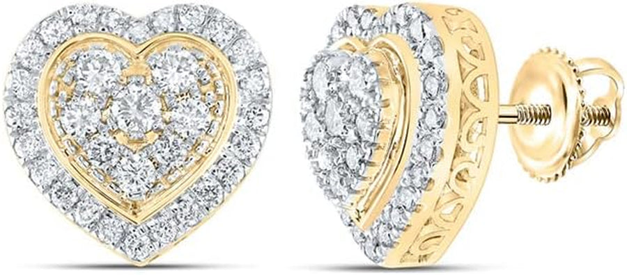 [14K, 1-1/4 Cttw] White or Yellow Gold Round Diamond Heart Earrings 