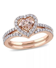 [10K, 1/2 C.T.W.] Morganite & Diamond Heart Halo Interlocking Bridal Ring Set